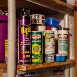 In einem Regal stehen Biozid-Produkte wie Insektenspray und Ameisen-Mittel.
