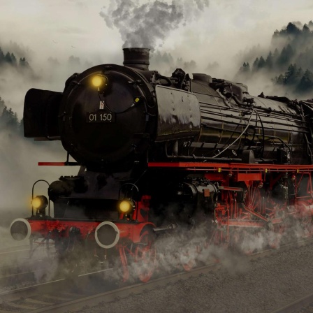 Eine fahrende Dampflokomotive, im Hintergrund Wald.