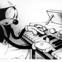 Eine schwarz-weiße Disney-Cartoon-Figur spielt ein Piano