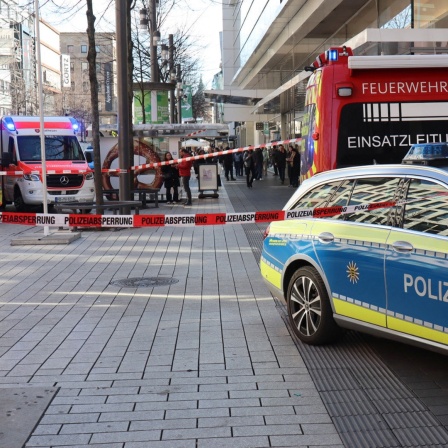 Einsatzfahrzeuge der Polizei und des Rettungsdienstes stehen bei einem Großeinsatz in der Mannheimer Innenstadt. 