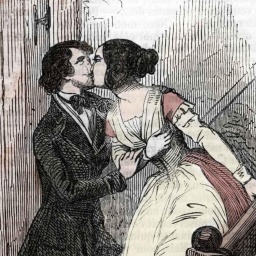 Illustration eines heimlichen Kusses zwischen Eugénie Grandet und ihrem Cousin Charles.