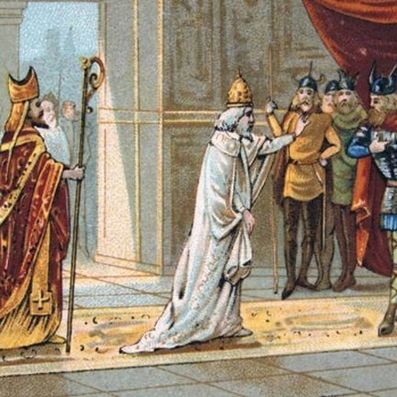 Papst Stephan II. bittet in Paris Pippin III. (714-768) um Hilfe gegen die Langobarden. Pippin III. war König der Franken ab 751, Vater von Karl dem Großen. Chromolithografie einer Handelskarte aus dem 19. Jahrhundert.