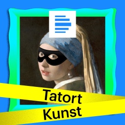 Podcast: Tatort Kunst - der Trailer. 
Eine Illustration des Bildes „Das Mädchen mit dem Perlenohrring“ von Jan Vermeer, davor gelbes Absperrband auf dem "Tatort Kunst" steht.