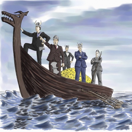 Rücksichtslose Geschäftsmänner mit Geldhaufen auf einem Wikingerschiff