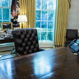 The Resolute Desk is seen as U.S. President Joe Biden welcomes Colombian President Gustavo Petro in the Oval Office of the White House in Washington, DC on April 20, 2023. (Photo by Oliver Contreras/Pool/ABACAPRESS.COM)