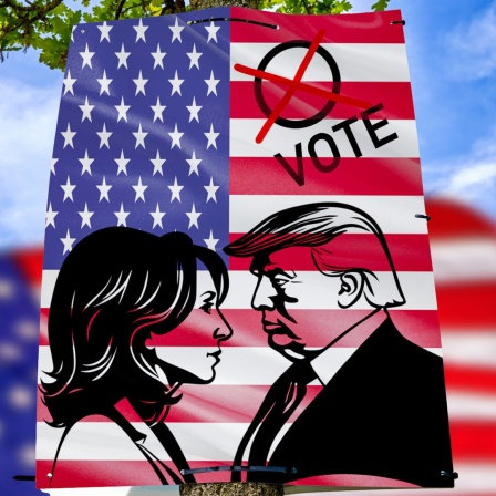 Auf einem Plakat, das zur Wahl aufruft, stehen sich Trump und Harris gegenüber.