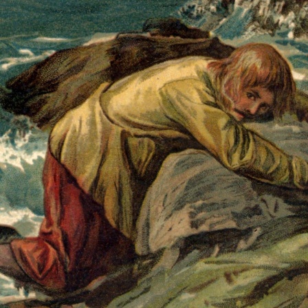 Robinson Crusoe wurde nach dem Schiffbruch von den Wellen auf die Felsen gespült. Chromolithographie aus dem Leben und seltsamen überraschenden Abenteuern von Robinson Crusoe von Daniel Defoe (London, 1891). Das Buch wurde erstmals 1719 veröffentlicht. Illustration von John Dawson Watson (1832-1892).