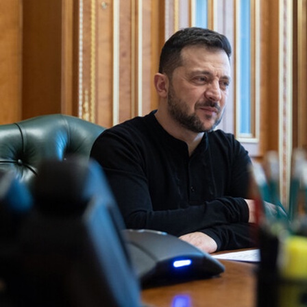 Ukrainian President Volodymyr Zelenskyy, listens to Slovenian Prime Minister Robert Golob during a video conference meeting from the Mariinskyi Palace, February 21, 2025 in Kiev, Ukraine.