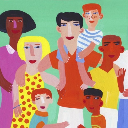 Illustration einer Gruppe von Familie und Freunden mit verschiedenen Haut-und Haarfarben