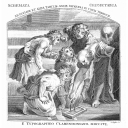 Der griechische Mathematiker Euklid, der vermutlich im 3. Jahrhundert v. Chr. in Alexandria lebete, unterrichtet seine Studenten. (Frontispiz,  Oxford 1806)