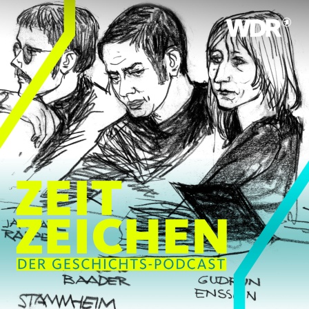 Baader-Meinhof-Prozess: Die Bleistiftzeichnung eines Gerichtszeichners zeigt die Angeklagten Jan-Carl Raspe, Andreas Baader, Gudrun Ensslin und Ulrike Meinhof im Gerichtssaal.