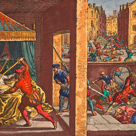 Die Bartholomäusnacht - Pogrom in Paris an den französischen Protestanten in der Nacht vom 23. zum 24. August 1572. Kupferstich von Matthäus Merian von 1630
      