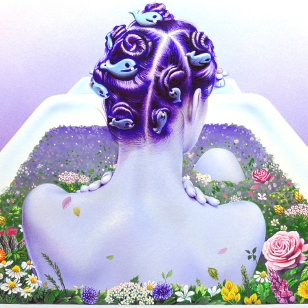 Zeichnung: Eine Frau sitzt in einer Badewanne voller Blumen.
