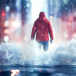 Ein Mann in roter Regenjacke von hinten im Wasser stehend. Als Wasszeichen die Zahl Zehn.