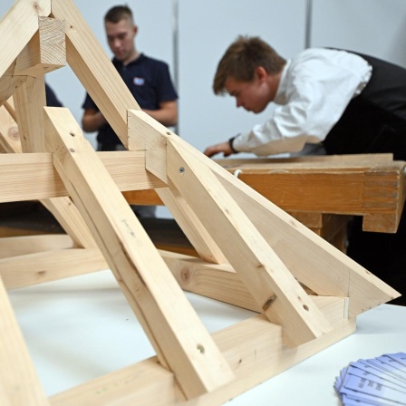 Zwei junge Männer stehen hinter einer Konstruktion aus Holzlatten. 