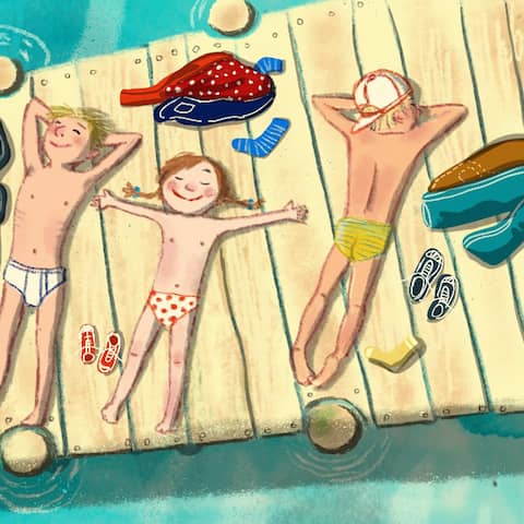 Bunte Zeichnung: vier Kinder sonnen sich auf dem Badesteg (Quelle: rbb/OHRENBÄR/Maja Bohn)