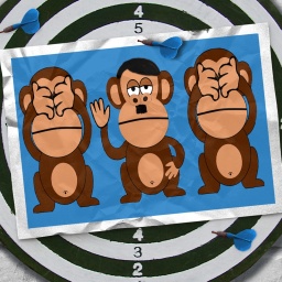 Das Bild zeigt 3 gezeichnete Affen, die nebeneinander sitzen. Der in der Mitte erinnert an Adolf Hitler, die beiden links und rechts von ihm halten sich die Augen zu. 