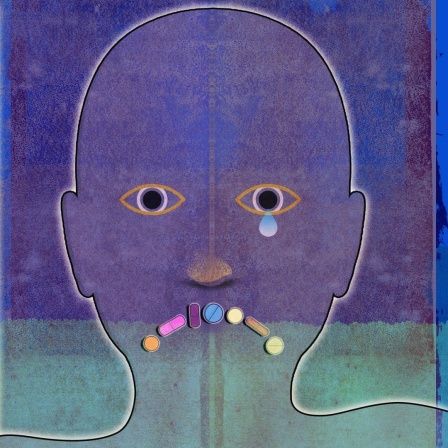 Illustration: Gesicht eines niedergeschlagenen Mannes mit farbigen Pillen als traurigem Mund. Eine Träne läuft aus einem Auge das Gesicht herunter.
