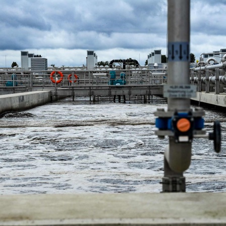 Auf dem Gelände eines Klärwerks sind Wasserbelebungsbecken zu sehen.