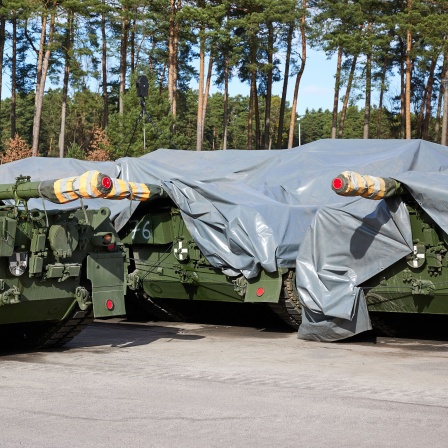 Verpackte Panzer vom Typ Leopard 1 stehen auf einer Fläche vom Truppenübungsplatz Klietz für den Transport in die Ukraine bereit. 