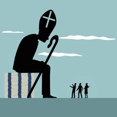 Ein Geistlicher sprich zu anderen Personen. Der Bischof ist wesentlich größer als die ihm Zuhörenden. (Illustration)