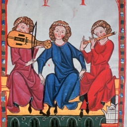 Miniatur &#034;Der Kanzler&#034; aus dem Codex Manesse, auch Heidelberger Liederhandschrift genannt. Der Grundstock des Codex wurde um 1300 in Zürich hergestellt. Zu sehen sind drei Personen - eine mit Streichinstrument, eine mit Flöte.