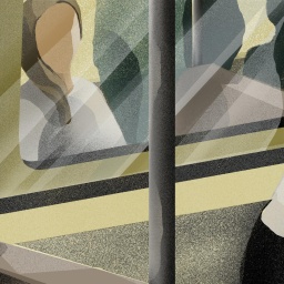 Die Illustration zeigt die Schemen einer Frau, die anscheinend in einer S-Bahn sitzt. Sie wird durch ein Fenster von einer anderen Frau aus einem anderen S-Bahn-Wagen beobachtet.