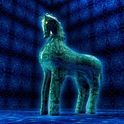 Animation eines trojanischen Pferdes, gebildet aus einer elektronischen Leiterplatine. Der Hintergrund ist blau-schwarz.