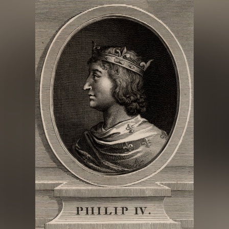 Stich zeigt ein Porträt des französischen Königs Philipp IV im Profil nach links schauend