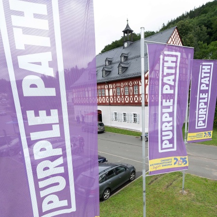 Fahnen mit mit dem Schriftzug „Purple Path“ hängen vor dem Herrenhaus Auerhammer