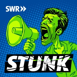 Grüne Karikatur eines Mannes schreit in ein Megaphon vor blauem Hintergrund. Die Grafik steht für "Stunk. Palmer bringt die Welt in Ordnung", ein Podcast des SWR.
