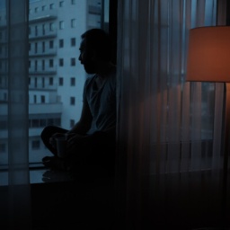 Ein Mann steht im Dunkeln am Fenster