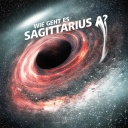 Stilisierte Ansicht eines Schwarzen Loches. Text: Wie geht es Sagittarius A*?