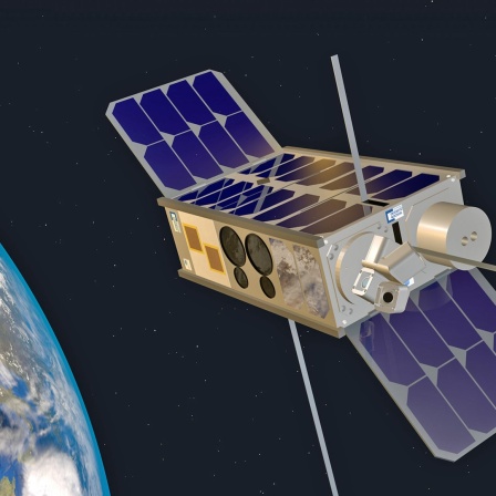 Die undatierte Visualisierung zeigt den Satelliten "Sonate-2". Der Kleinsatellit der Universität Würzburg hat Künstliche Intelligenz an Bord, die im Weltraum trainiert werden soll.