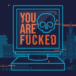 Ein blauer gezeichneter Monitor mit einem Blauen Totenkopf und daneben die Aufschrift in orangenen Buchstaben "You are fucked".