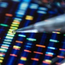 Die Probenentnahme mittels einer Pipette vor dem Hintergrund einer DNA-Code-Darstellung auf einem Bildschirm.