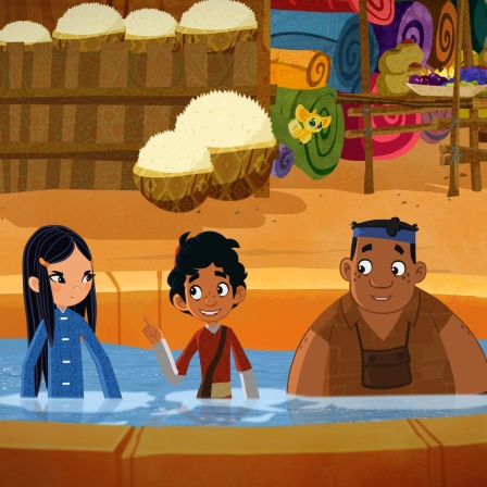 Luigi, Marco und Shila sitzen in einem Brunnen