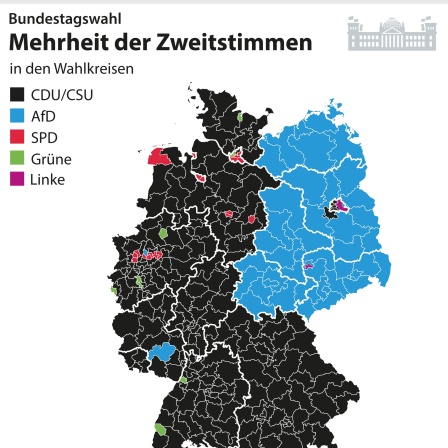 Grafik zu Bundestagswahl - Mehrheit der Zweitstimmen in den Kreisen