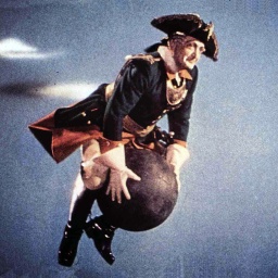 Hans Albers als Baron Münchhausen fliegt auf einer Kanonenkugel
