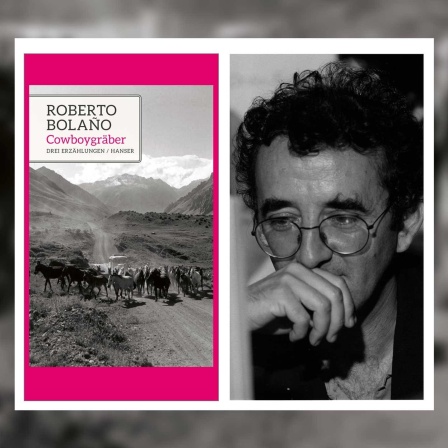 Autorenfoto Roberto Bolaño mit Buchcover &#034;Cowboygräber&#034;