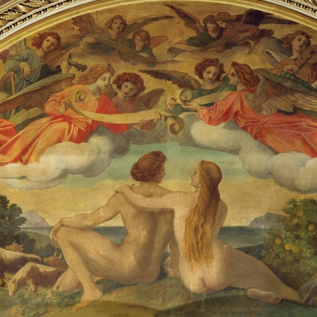 Fresko zeigt Adam und Eva, mit dem Rücken zum Betrachter, die zu Engelm am Himmel aufblicken