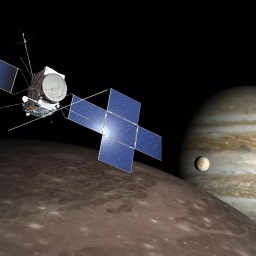 Illustration der Raumsonde JUICE, die mehr als sieben Jahre unterwegs sein  wird, um dann den Riesenplaneten Jupiter und seine größten Monde zu erkunden. (Illustration: ESA)