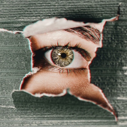 Das Auge einer Frau schaut erschrocken durch ein aus der Wand gebrochenes Loch.