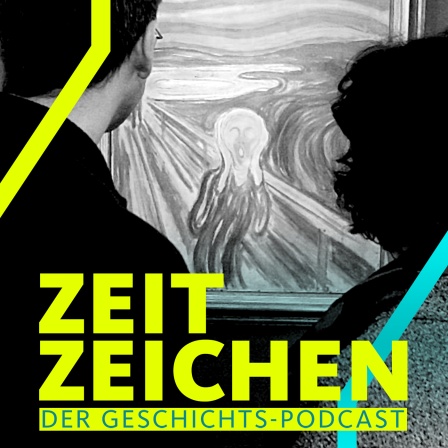 Das Gemälde "Der Schrei" von Edvard Munch mit zwei Betrachter in einer Ausstellung der Wiener Albertina (2016)