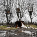 Protest-Baumhäuser von Klimaaktivisten in Lützerath bei der Räumung des Dorfes am 12. Januar 2023.