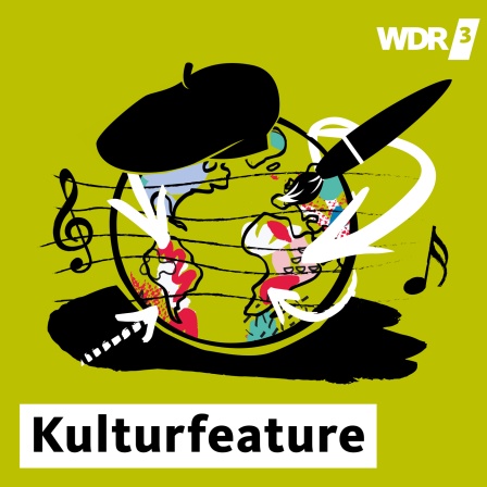 Illustration WDR 3 Kulturfeature: Globus, Musiknote und Pinsel.
